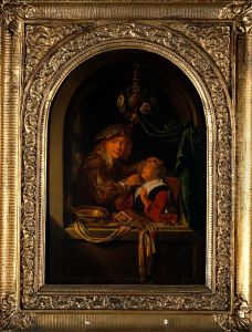 A man using a dental probe on a girl's mouth. by Gerrit Dou