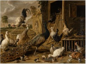 A PEACOCK, A PEAHEN, COCKERELS, HENS, DUCKS, DUCKLINGS AND CHICKS IN A FARMYARD by Adriaen van Utrecht