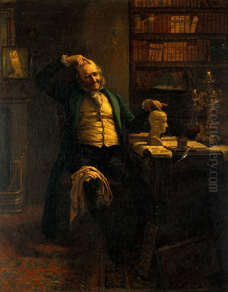A phrenologist comparing his own head with a phrenological bust. - view 1
