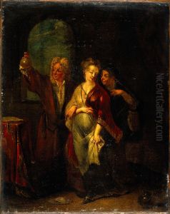 A physician examining the urine of a pregnant girl. by unknown