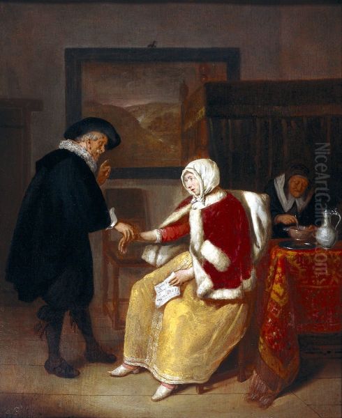 A physician taking the pulse of a young woman, while an old maid prepares gruel for her. - view 1