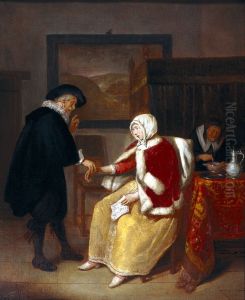 A physician taking the pulse of a young woman, while an old maid prepares gruel for her. by Quirijn van Brekelenkam