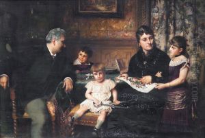 A portrait of a family gathered around a table