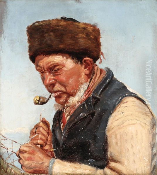 Fisherman Niels Gaihede reparing a fishing net. - view 1