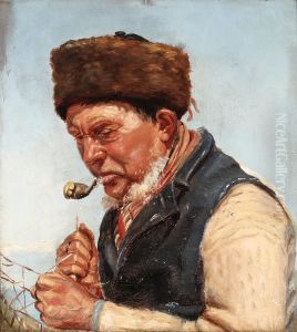 Fisherman Niels Gaihede reparing a fishing net. by Michael Peter Ancher