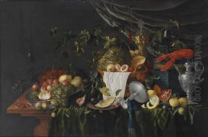 Exuberant large fruit piece with crab, prawns, lobster on a fabric box with roemer, ornate silver tazza, repousse ewer by W. Mertens