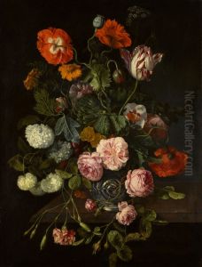 Still life of flowers in a glass vase over a stone ledge by Cornelis Kick