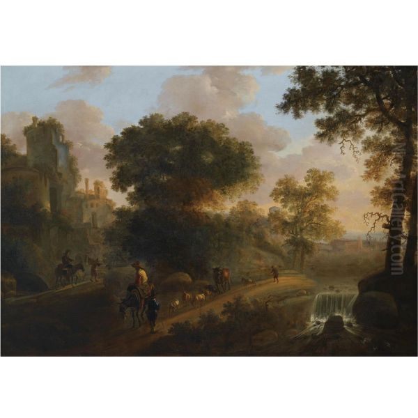 Italianate wooded landscape with shepherds herding their flock and cattle on a path near a ruined tower, a view of a village beyond - view 1