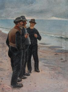 Skagensfiskerne Henriksen, Ole Svendsen og Wolle pa stranden. Skitse. Skagensfiskerne Henriksen, Ole Svendsen og Wolle pa stranden. Skitse.