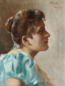 Portrait of a young woman in a yellow and turquoise dress. by Michael Peter Ancher