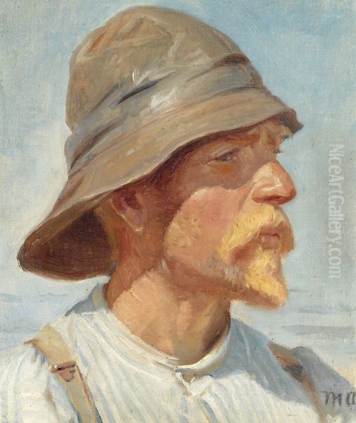 Fisherman from Skagen with sou'wester, striped shirt and suspenders. - view 1