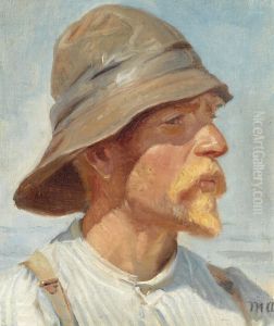 Fisherman from Skagen with sou'wester, striped shirt and suspenders. Fisherman from Skagen with sou'wester, striped shirt and suspenders.