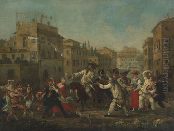 A procession through a town square with figures dressed in Comedia Dell'Arte costumes - view 1