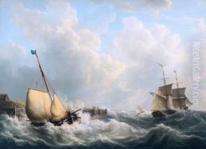 A sailing barge and a two-master leaving the wharf by Martinus Schouman