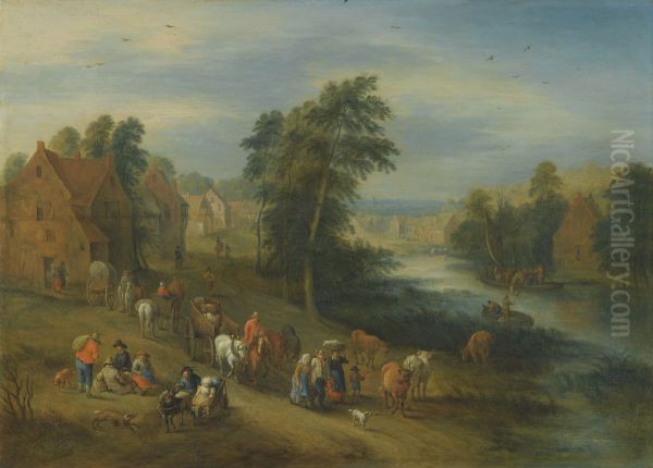 A River Landscape with Villagers and Carts on a Path - view 1