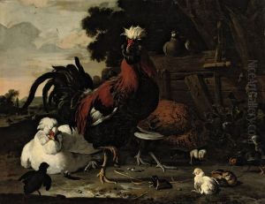 A rooster, hens, chicks and a pigeon near a wood paling in a landscape