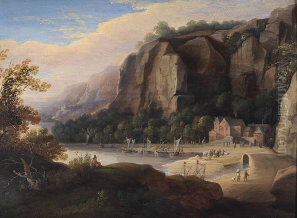 A rocky cove with fisherfolk on the shore, an artist sketching in the foreground - view 1