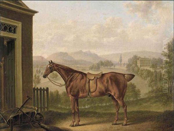 A saddled chestnut hunter in a landscape - view 1