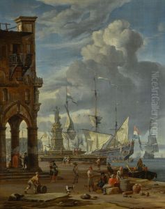 A southern port scene with numerous figures on a quayside