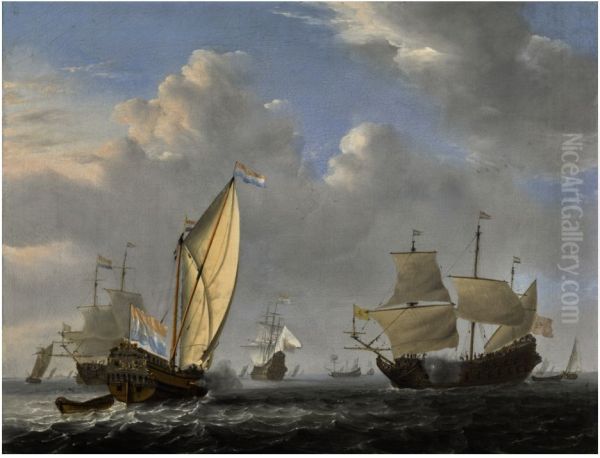 A STATES YACHT FROM THE ADMIRALTY OF AMSTERDAM, BEFORE A MODERATE BREEZE, MEETING A TWO-DECKER - view 1