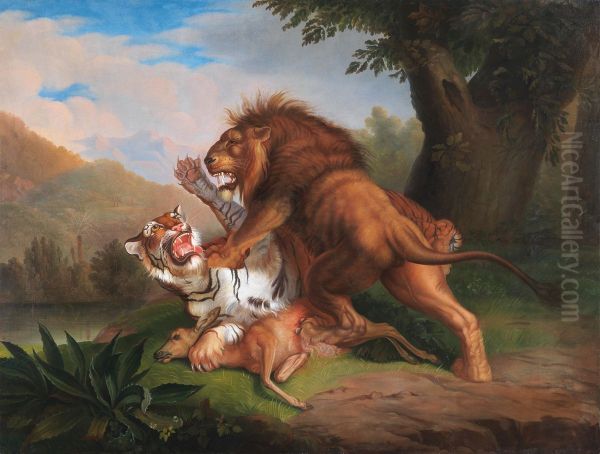 A Tiger and a Lion fight over a Fawn - view 1