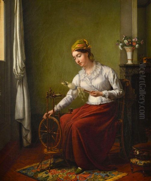 Young woman sitting at a spinning wheel - view 1
