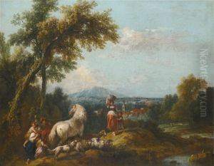 A Shepherd and his Family, Driving Sheep with a Dog and a White Horse, Encounter a Woman and her Child in a Pastoral Landscape by Francesco Zuccarelli