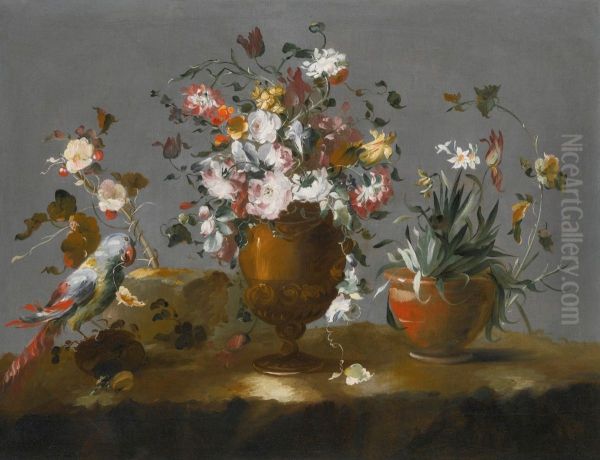 A Still Life with Roses, Carnations and Other Flowers in a Vase, a Potted Daffodil and a Parrot on a Ledge - view 1