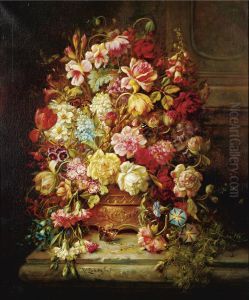 A still life with flowers in a jardiniere resting on a ledge by Hans Zatzka