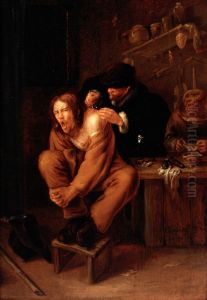 A surgeon applying medicine to a wound in the shoulder of a man in pain.
