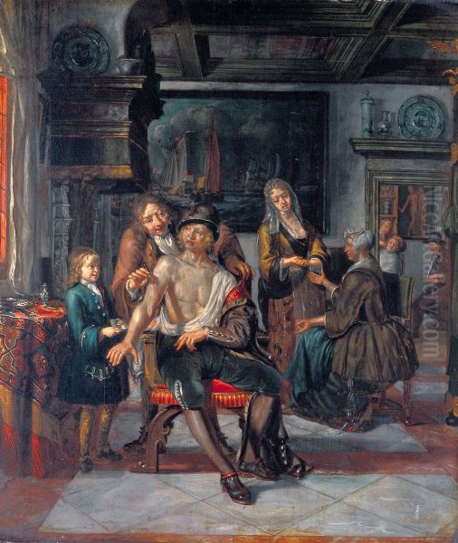 Interior of a surgery with a surgeon treating a wound in the arm of a man, with a boy and five other figures - view 1