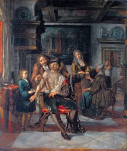 Interior of a surgery with a surgeon treating a wound in the arm of a man, with a boy and five other figures by Matthijs Naiveu