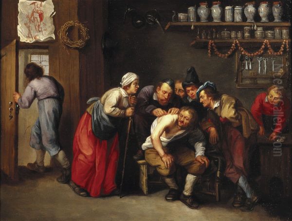 A surgeon removing a plaster from a man's back, with five persons [stand by] - view 1