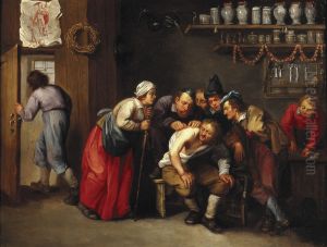 A surgeon removing a plaster from a man's back, with five persons [stand by] by Monogrammist H.C. (Southern Netherlands)