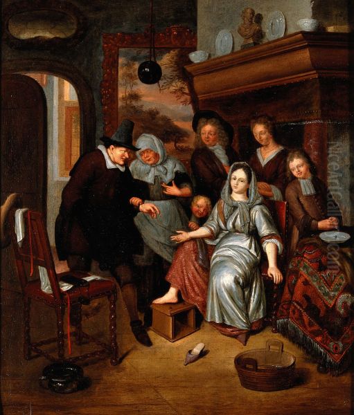 A surgeon preparing to let blood from the foot of a girl, in the presence of five other figures. - view 1