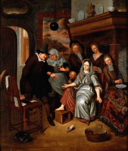 A surgeon preparing to let blood from the foot of a girl, in the presence of five other figures. by Richard Brakenburgh