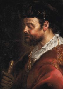 A tronie of a man in ceremonial robes with a gold chain and a hat oil on canvas.