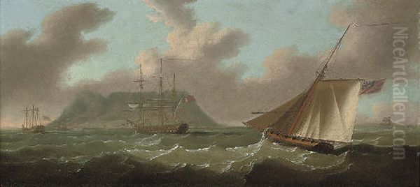 A view of Gibraltar from the south with H.M.S. Ajax anchored in the bay and the armed cutter Frisk approaching her stern - view 1