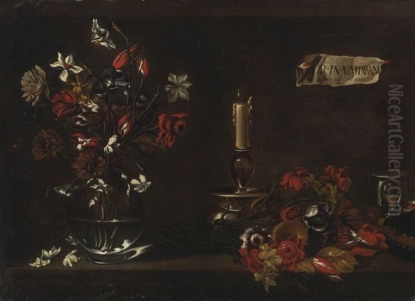 A vanitas still life with a glass vase of flowers, a candle, a wine flask and a sand timer on a ledge - view 1