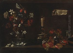 A vanitas still life with a glass vase of flowers, a candle, a wine flask and a sand timer on a ledge