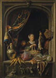 A young woman holding a hare with a boy at a window by Gerrit Dou