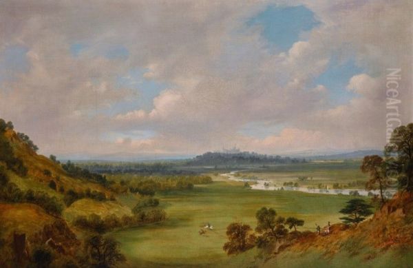 A view of Windsor Castle from the southwest, with Cooper Hill to the left and the plain of Runnymede in the middle - view 1