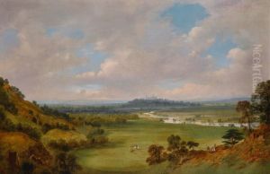 A view of Windsor Castle from the southwest, with Cooper Hill to the left and the plain of Runnymede in the middle