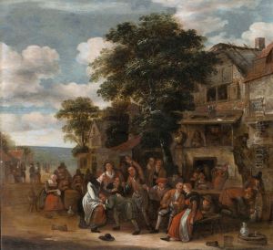 A Village Scene with Revelers outside an Inn by Rutger Verburg