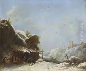 A winter landscape with a woman and her donkey on a path, a hilltop town beyond