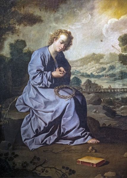 The child Jesus injuring himself with a crown of thorns in a landscapeFrancais:L'enfant Jesus se blessant avec une couronne d'epines dans un paysageItaliano:Il bambino Gesu si ferisce con una corona di spine in un paesaggio - view 1