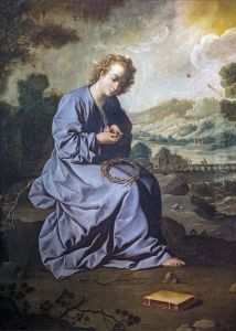 The child Jesus injuring himself with a crown of thorns in a landscapeFrancais:L'enfant Jesus se blessant avec une couronne d'epines dans un paysageItaliano:Il bambino Gesu si ferisce con una corona di spine in un paesaggio by Francisco De Zurbaran
