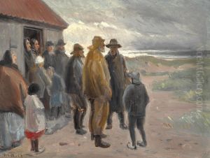 Outside the fisherman's house. Stormy weather, Skagen. by Michael Peter Ancher