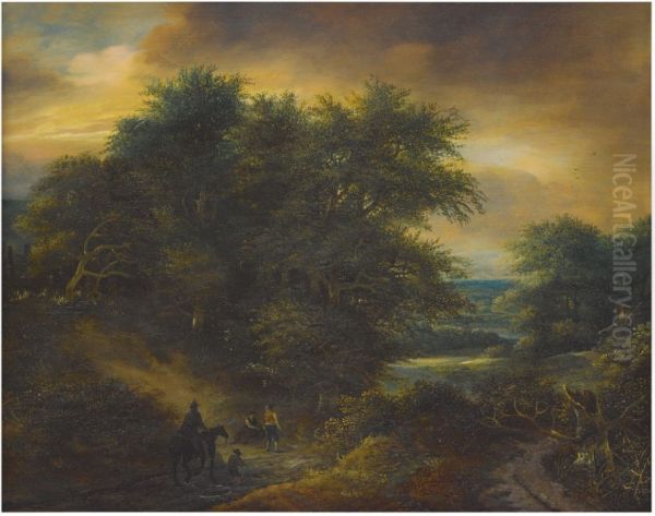 A WOODED LANDSCAPE WITH TRAVELERS ON A PATH - view 1