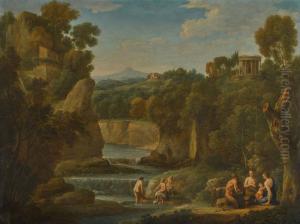 A wooded arcadian landscape with a satyr and nymphs, with a distant view to the Temple of Vesta at Tivoli - view 1